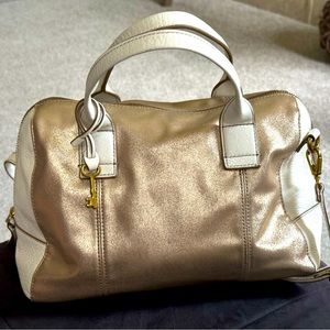 FOSSIL Woman's Large Satchel JORI Collection gold & white Leather Crossbody Bag